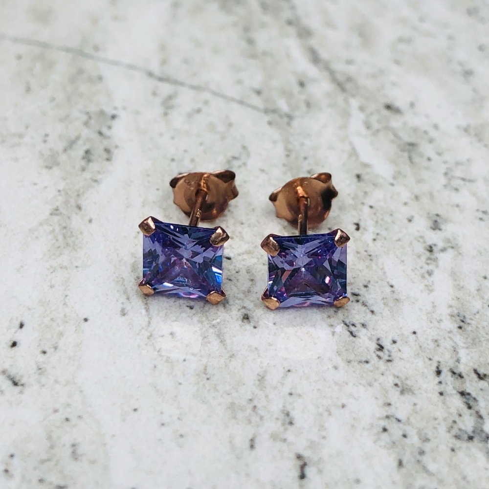 925 Sterling Silver Purple Square CZ Earrings